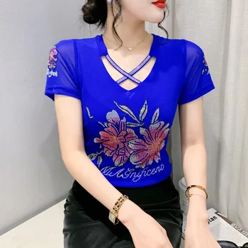 T-shirt Wanita Lengan Pendek Musim Panas 2023 Baru Atasan Jaring Berongga Berlian Panas Ramping Fashion Kasual Blusas Strecth Tinggi