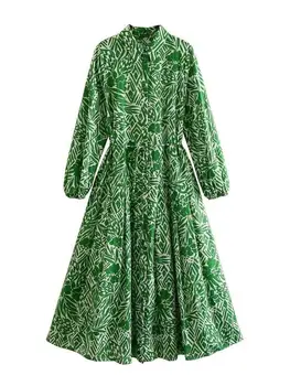 TRAF Gaun Kemeja Hijau 2023 Gaun Panjang Bermotif Wanita Gaun Pesta Wanita Elegan Midi Terikat Wanita Gaun Musim Panas Lengan Panjang