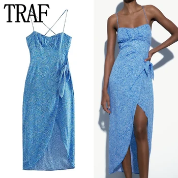 TRAF Gaun Korset Motif Biru Gaun Slip Midi Tanpa Punggung Simpul Wanita Gaun Panjang Musim Panas untuk Wanita Gaun Pesta Malam