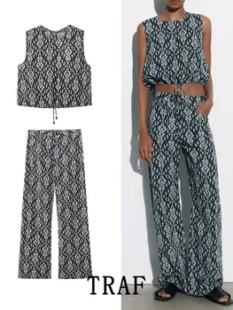 TRAF Set Celana 2 Potong Wanita 2023 Atasan Crop Print Mode Baru Setelan Wanita Celana Kasual Set Dua Potong Pakaian Wanita