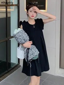 Tali Gaun Mini Wanita Ruffles Solid Manis Gaya Perancis Longgar Tanpa Lengan Feminin Lembut Rompi Korea Fashion Style Dasar In Kasual