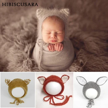 Topi Hewan Rajutan Buatan Tangan Mohair Alat Peraga Fotografi Bayi Baru Lahir Bayi Laki-laki Perempuan Topi Telinga 3D Aksesori Bebe Beanie
