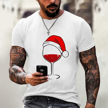 Topi Natal Gelas Anggur Pria Kaus Hitam Putih Kaus Atasan Kartun Hadiah Natal Kaus Tahun Baru Mode Harajuku 6XL