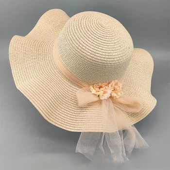 Topi matahari satin monokrom bergelombang pinggiran besar segar kecil wanita musim panas, atasan bundar, tabir surya, topi jerami pita kasa