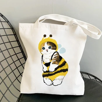 Tote Bag Tas Bahu untuk Anak Perempuan Tas Belanja Fashion Kucing Kawaii Tas Hewan Lucu Tas Belanja Tas Kanvas Tas Tangan Anak Perempuan Kasual