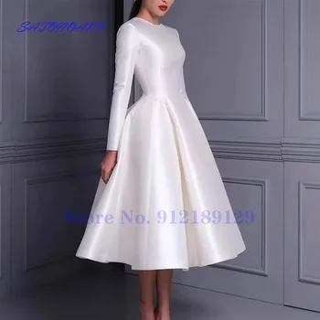 Vestidos De Novia Gaun Pengantin Satin Putih Pendek 2023 Gaun Pengantin A-Line Ritsleting Belakang Leher O Panjang Teh Jubah Marié
