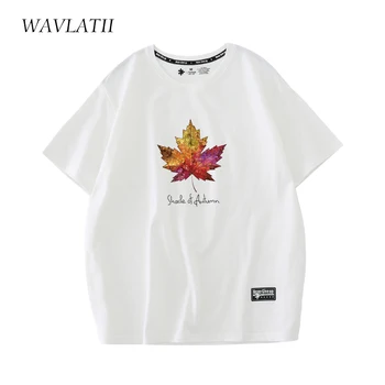 WAVLATII Kaus Katun Lembut Baru Wanita Kaus Bermotif Daun Maple Mode Wanita untuk Atasan Lengan Pendek Wanita Merah Muda Musim Panas WT2301
