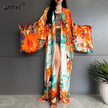 WINYI Pakaian Pantai Cetak Bohemian Musim Panas Bikini Cover-up Kardigan Kimono Mode Elegan Gaun Longgar Perasaan Sutra Lengan Panjang Seksi Gaun Longgar