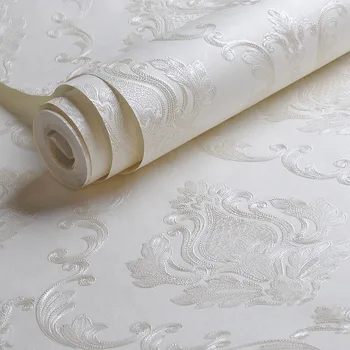 Wallpaper Damask Timbul Putih Kertas Dinding Tekstur Damask Warna Solid Polos untuk Dekorasi Latar Belakang Ruang Tamu Kamar Tidur