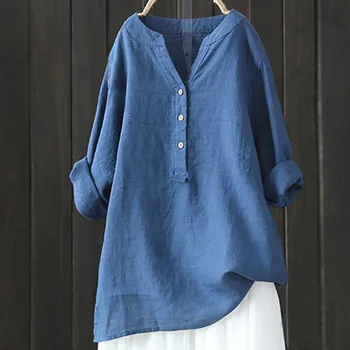 Wanita Blus Fashion Vintage V-Neck Tombol Blus Top Warna Solid Lengan Panjang Kemeja Wanita Kasual Linen Tunik Atasan Pakaian