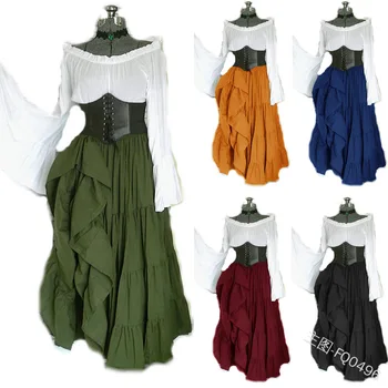 Wanita Fashion Vintage Abad Pertengahan Renaissance Maxi Gaun Flare Lengan Gaun Korset Pinggang Steampunk Off Bahu Cosplay Gaun