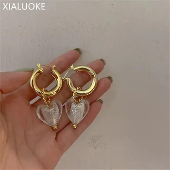 Xialuoke Geometris Transparan Kaca Jantung Liontin Anting-Anting untuk Wanita Vintage Hiperbola Drop Anting-Anting Pesta Perhiasan Aksesoris
