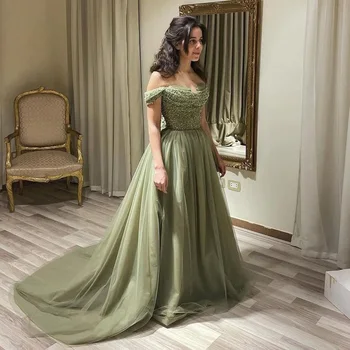 Xijun Gaun Prom Tulle Elegan Dari Bahu Manik-manik Kristal Berpayet Arab Saudi Gaun Malam A-Line Gaun Pesta Formal