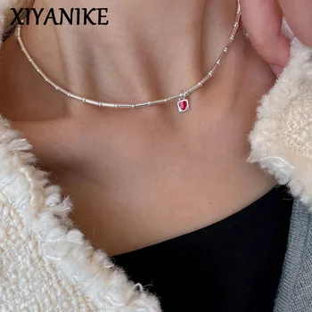 Xiyanike Manik-manik Diemail Jantung Liontin Kalung untuk Wanita Gadis Fashion Mewah Trendi Perhiasan Wanita Hadiah Pesta Collier Femme