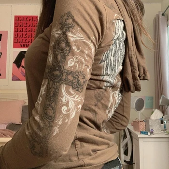 Y2K Atasan Crop Estetika Coklat Antik Kaus Cetak Grafis Grunge Indie Kaus Pullover Lengan Panjang Musim Gugur Bertudung Pakaian Retro