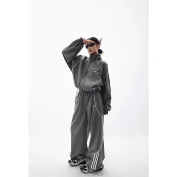 Y2K Mantel Jaket Bertudung Setelan Keterampilan Gaya 2000 Kostum Jalanan Korea Mantel Sweter Lengan Panjang Hip-Hop