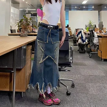 Y2K Wanita Korea Fashion Kawaii Harajuku Bintang Rok Panjang Midi Gothic Grunge Jeans Denim Rok Maxi Pakaian Emo