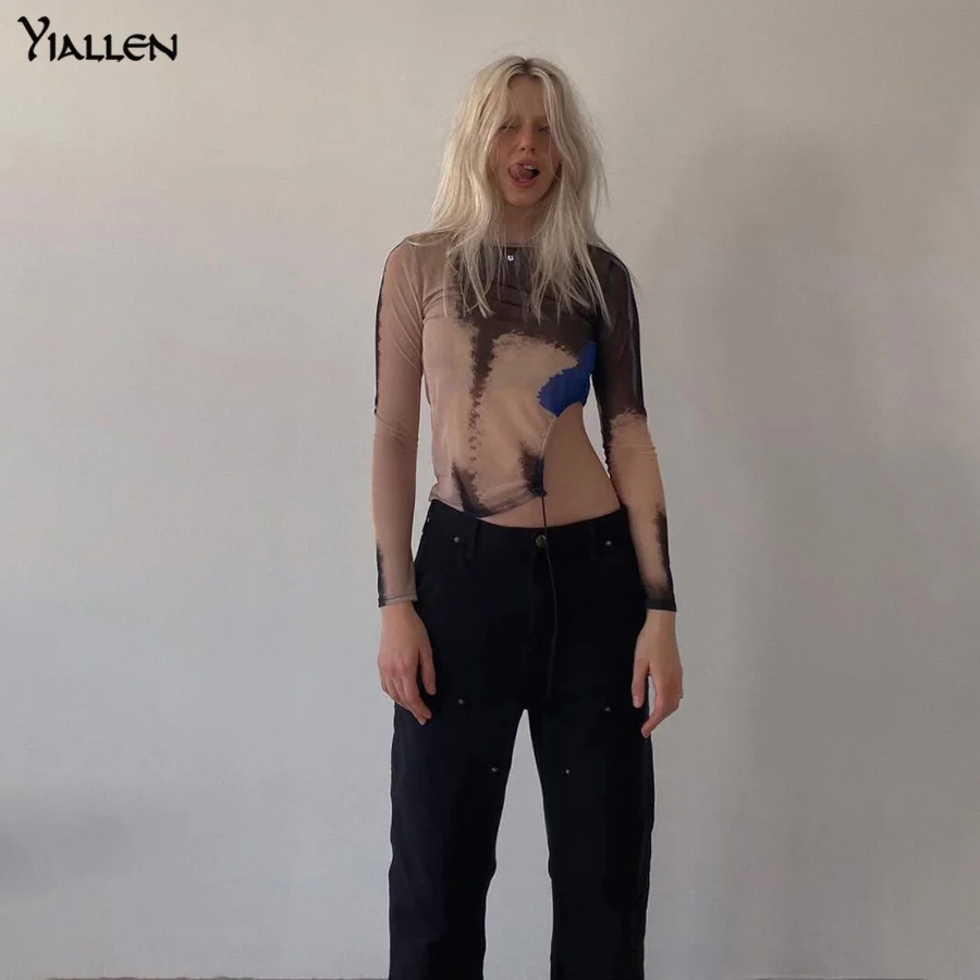 Yiallen Atasan Crop Wanita Leher O Jaring Musim Gugur Kaus Tidak Beraturan Lengan Panjang Kaus Streetwear Kasual Motif Liar Mode Panas - 3