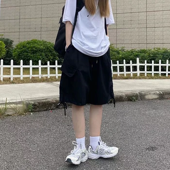 Zoki Streetwear Jepang Celana Pendek Kaki Lebar Longgar Celana Pendek Saku Besar Bf Antik Musim Panas Wanita Mode Kasual Semua Cocok Celana Pendek Kargo