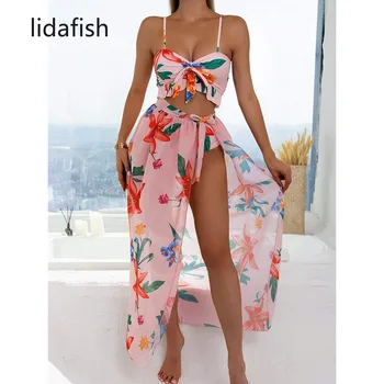 lidafish Baru Cetak 3 Buah Set Baju Renang Wanita Pakaian Renang Pinggang Tinggi Set Bikini Berenda dengan Rok Pakaian Renang Pakaian Renang