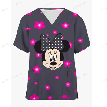 musim semi Musim gugur Disney Mickey Minnie Seragam Perawat Wanita Atasan Scrub Cetak Kartun Kemeja Seragam Perawat Pelindung Perawatan Klinik