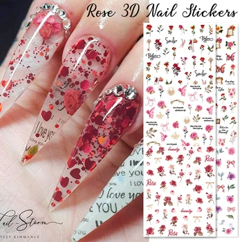 1 BUAH Stiker Kuku 3D Bunga Mawar Merah Manikur Transfer Berperekat Kupu-kupu Bunga Stiker Seni Kuku DIY Dekorasi