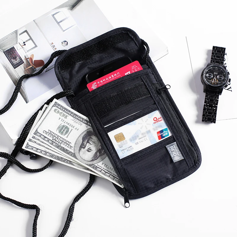 1 Buah Tas Penyimpanan Nilon RFID Tahan Air Tas Paspor Kartu Dokumen Perjalanan Dompet Leher Kantong Paspor Kartu Dokumen Uang - 1
