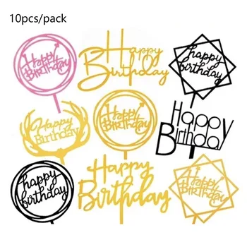 10 buah / Bungkus Puncak Kue Ulang Tahun Emas Perak Puncak Kue Akrilik untuk Perlengkapan Pesta Ulang Tahun Anak Dekorasi Kue Grosir