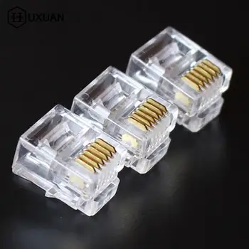100 Buah Kepala Kristal 6P6C Konektor Jaringan Berlapis Emas Steker Modular RJ12 untuk Konektor Kabel Telepon Padat