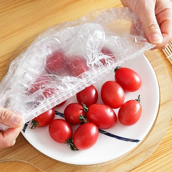 100 buah Penutup Makanan Sekali Pakai Tas Penyimpanan Plastik Film Makanan Elastis untuk Penutup Makanan Mangkuk Buah Topi Rambut Pancuran Sekali Pakai