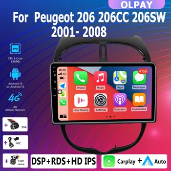 2 din Android 10 4G+64G Pemutar multimedia stereo radio Mobil 8 inti Navigasi GPS Otomatis Carplay Tanpa DVD untuk Peugeot 206 2001-2008