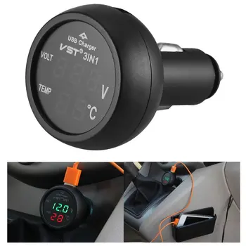3 In1 12/24 V Mobil Digital Thermometer Universal Volt Meter Auto LED Digital Tampilan Ganda Pengukur Tegangan Volt Pengukur Termometer USB Charger