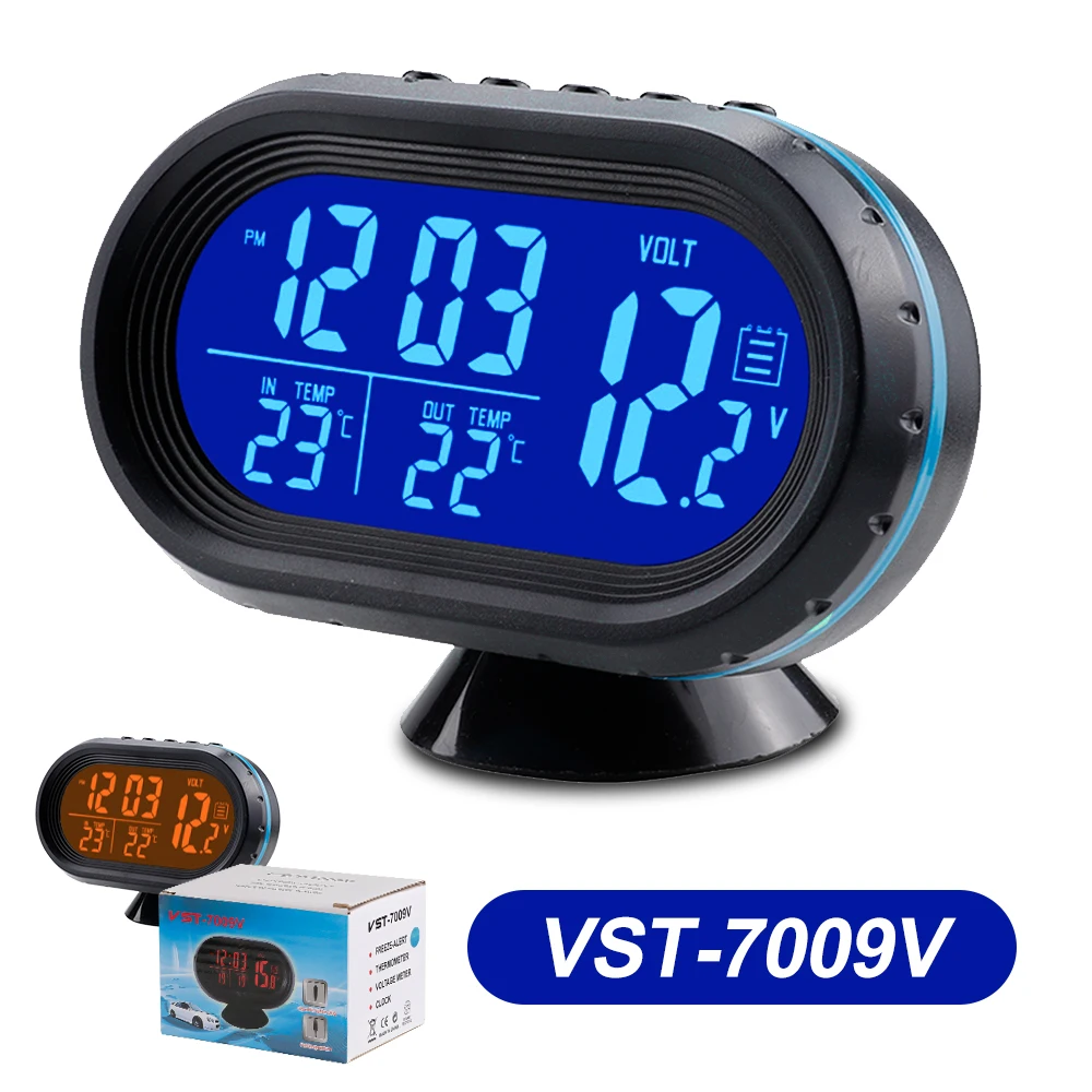 3 IN 1 Jam Termometer Pengukur Tegangan Volt Lampu Latar LCD Mobil Tampilan Digital Peringatan Beku Gaya Mobil Berperekat 12/24VLuminous Jam - 0