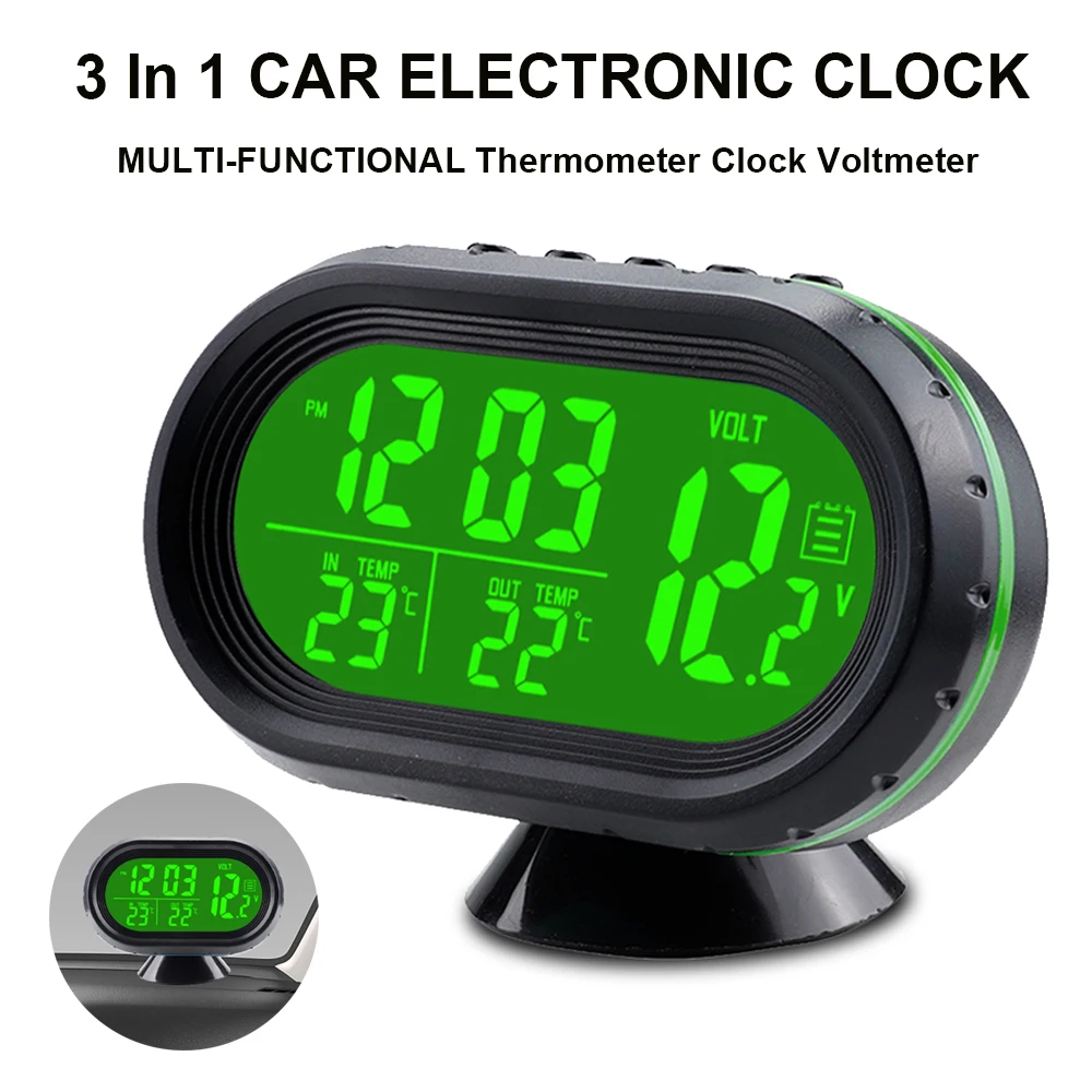 3 IN 1 Jam Termometer Pengukur Tegangan Volt Lampu Latar LCD Mobil Tampilan Digital Peringatan Beku Gaya Mobil Berperekat 12/24VLuminous Jam - 1