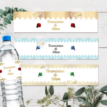 30 buah Label Botol Air Sunat Pola Emas Mabrouk Tahara Stiker Kustom Pembungkus Batang Permen Teks Apa Pun