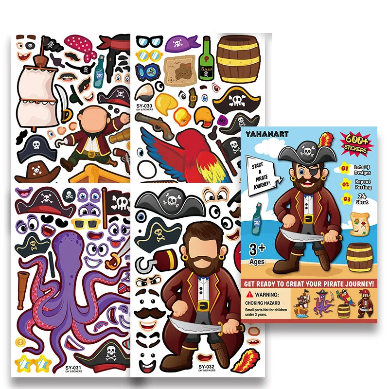 4 Buah Stiker DIY Anak-anak Kerajaan Bajak Laut Membuat Permainan Puzzle Wajah Lembar Stiker Hadiah Pesta Ulang Tahun Anak-anak Balita Tempel Craf - 1
