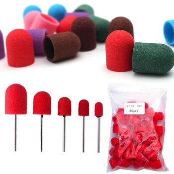 50 Buah Topi Pengamplasan Plastik Merah Aksesori Bor Kuku Pita Pengamplasan Topi Blok Penghilang Gel Mandrel Kutikula Perawatan Kaki