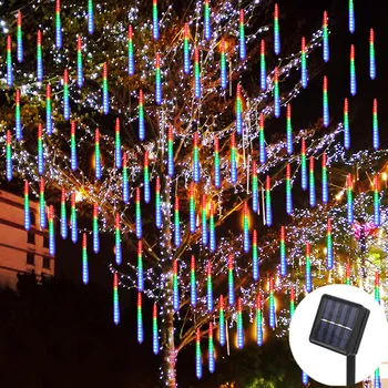 8 tabung LED Hujan Meteor Lampu Tali Surya Dekorasi Taman Peri Tahan Air Dekorasi Pohon Natal Garland Jalan LED Luar Ruangan