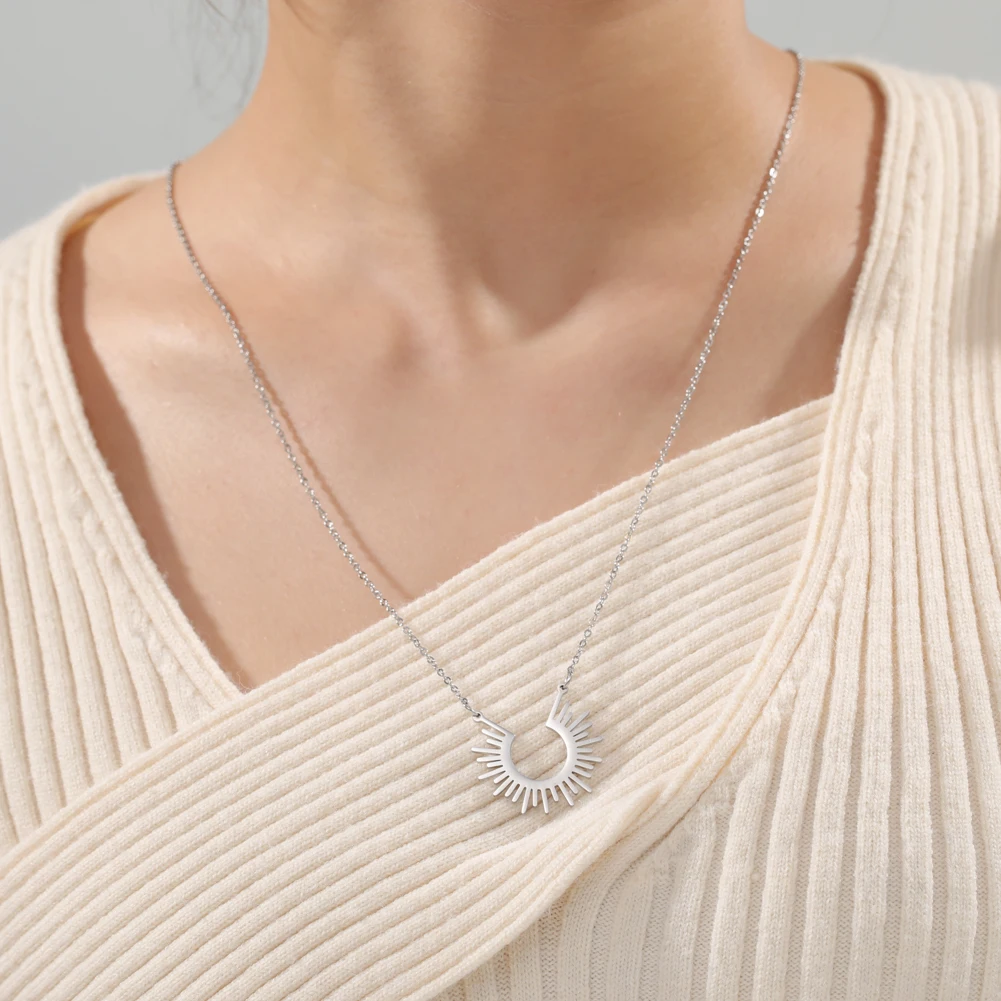 Amaxer Stainless Steel Perhiasan Geometris Liontin Kalung untuk Wanita Setengah Lingkaran Berduri Femme Kerah Kalung Rantai Kalung - 4