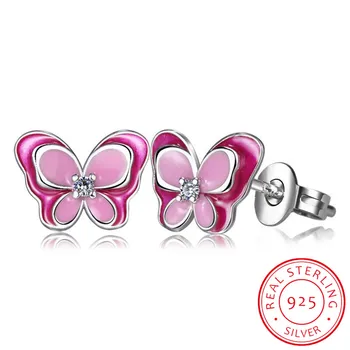 Anak-anak Fashion 925 Anting-Anting Pejantan Kecil Kupu-kupu Enamel Merah Muda Perak untuk Bayi Anak Perempuan Wanita Perhiasan Anting-Anting Pesta Lucu