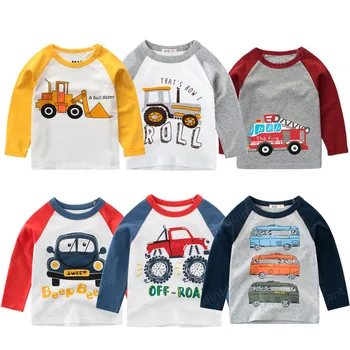 Anak-anak Laki-laki T-shirt Bayi Lengan Panjang Excavator Atasan Anak-anak Musim Semi Pakaian Katun 5/6/8 Tahun Anak Laki-laki Balita T Shirt Bus Mobil