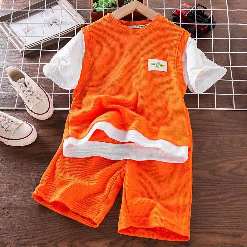 Anak Laki-laki Setelan Musim Panas Anak-anak Kaus Lengan Pendek +Celana Pendek 2 Buah Pakaian Kasual Olahraga untuk Set Pakaian Remaja Laki-laki - 3