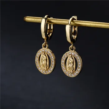 Anting-Anting Drop Wanita Religius Warna Emas, Anting-Anting Liontin Perawan Maria Berkualitas Tinggi dengan Batu CZ, Hadiah Perhiasan Elegan