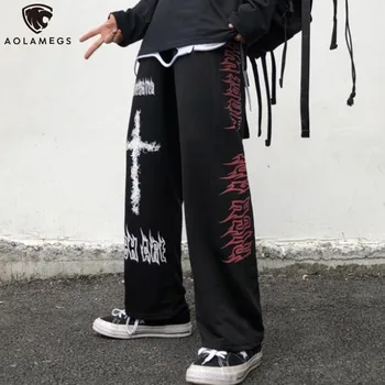 Aolamegs Celana Gothic Celana Olahraga Kasual Jepang Pria Celana Kaki Lebar Punk Hippie Anime Grafiti Harajuku Streetwear Jalanan Kelas Atas
