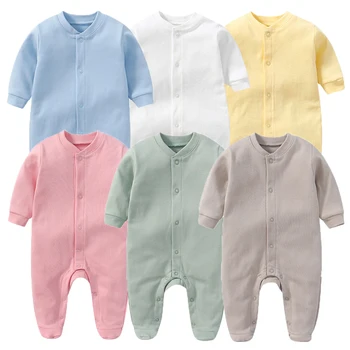 Baju Monyet Bayi Baru Lahir Katun 2/3 Buah Set Pakaian Bayi Perempuan Uniseks Warna Solid Piyama Pakaian Bayi Laki-laki Leher-O Lengan Penuh Musim Gugur
