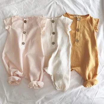 Baju Monyet Bayi Perempuan Laki-laki Baru Musim Panas 2022 Warna Solid Katun Linen Jumpsuit Lengan Pendek Kasual Kancing Pakaian Bayi Balita