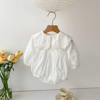 Baju Monyet Renda Bayi Perempuan 0-24Months Baju Monyet Bodysuit Putih Bunga Bordir Lengan Panjang Anak-anak yang Baru Lahir Pakaian Pakaian