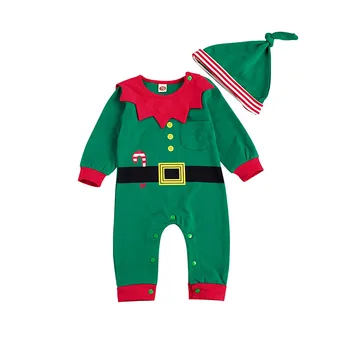 Balita Bayi Pakaian Gadis Anak Laki-laki Elf Tahun Baru Natal Kostum Jumpsuit Topi 2 Buah Xmas Gaun Pakaian Bayi Anak-anak Rompers
