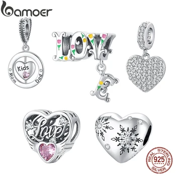 Bamoer 925 Sterling Silver Tiga Dimensi Huruf Cinta Pesona Bunga Kepingan Salju Cinta Keluarga untuk Gelang Wanita DIY Perhiasan