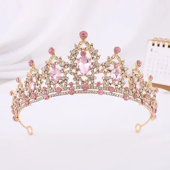 Baroque Vintage Warna Emas Merah Muda Kristal Hati Tiara Pengantin Mahkota Berlian Imitasi Mahkota Perhiasan Rambut Pernikahan Ikat Kepala Tiara De Noiva